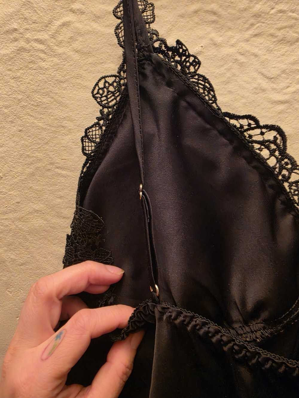 Black Satin Lace Appliqué Slip Dress Chemise Lingerie Nightgown L - Picture 9 of 10